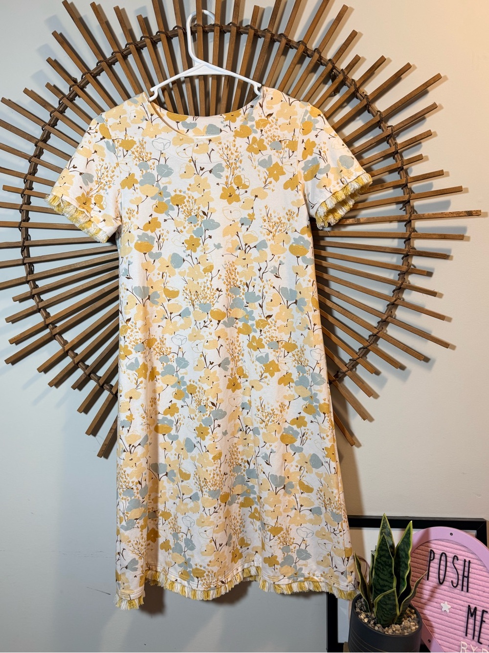Spartina Women’s Yellow Floral Print Cotton Shift Dress w Fringe Summer Preppy - Picture 2 of 14